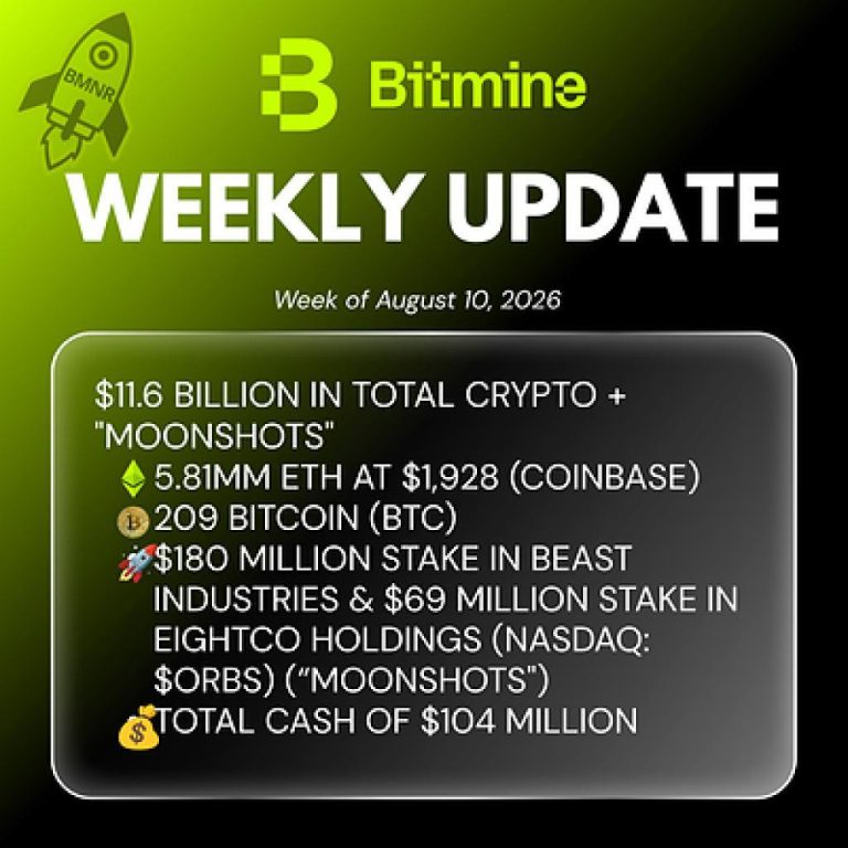 Bitmine Immersion Technologies (BMNR) Announces ETH Holdings Reach 5.81 Million Tokens, and Total Crypto and Total Cash Holdings of $11.6 Billion Bitmine Immersion Technologies (BMNR) Announces ETH Holdings Reach 5.81 Million Tokens, and Total Crypto and Total Cash Holdings of $11.6 Billion